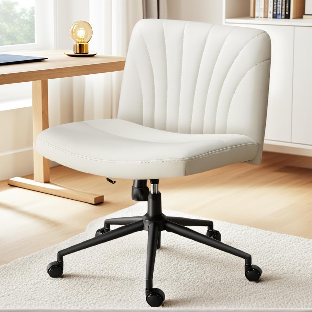 Marsail Criss Cross Chair with Wheels: PU Leather Cross Legged Office Chair Wide Armless Desk Chair Swivel Height Adjustable Vanity Chair for Make Up,Small Space,Bed Room(Beige)