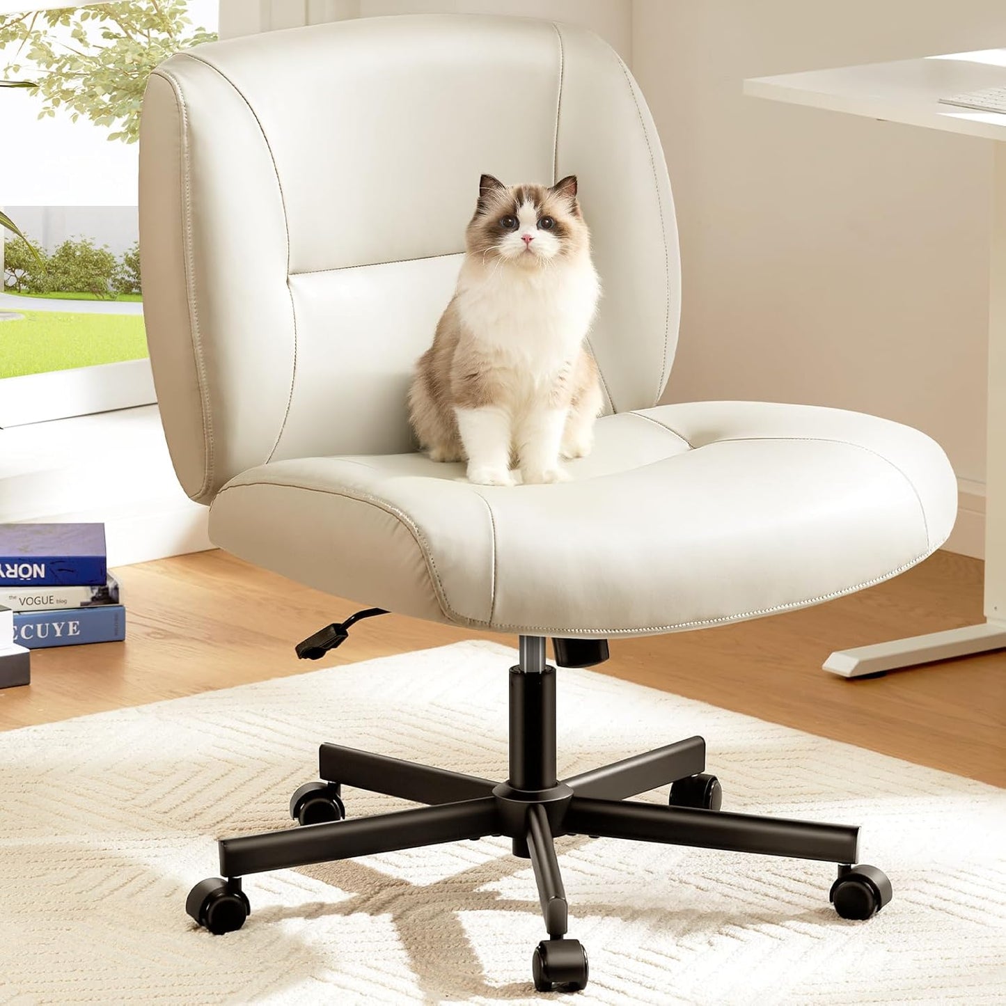 Marsail Criss Cross Chair with Wheels: PU Leather Cross Legged Office Chair Wide Armless Desk Chair Swivel Height Adjustable Vanity Chair for Make Up,Small Space,Bed Room(Beige)