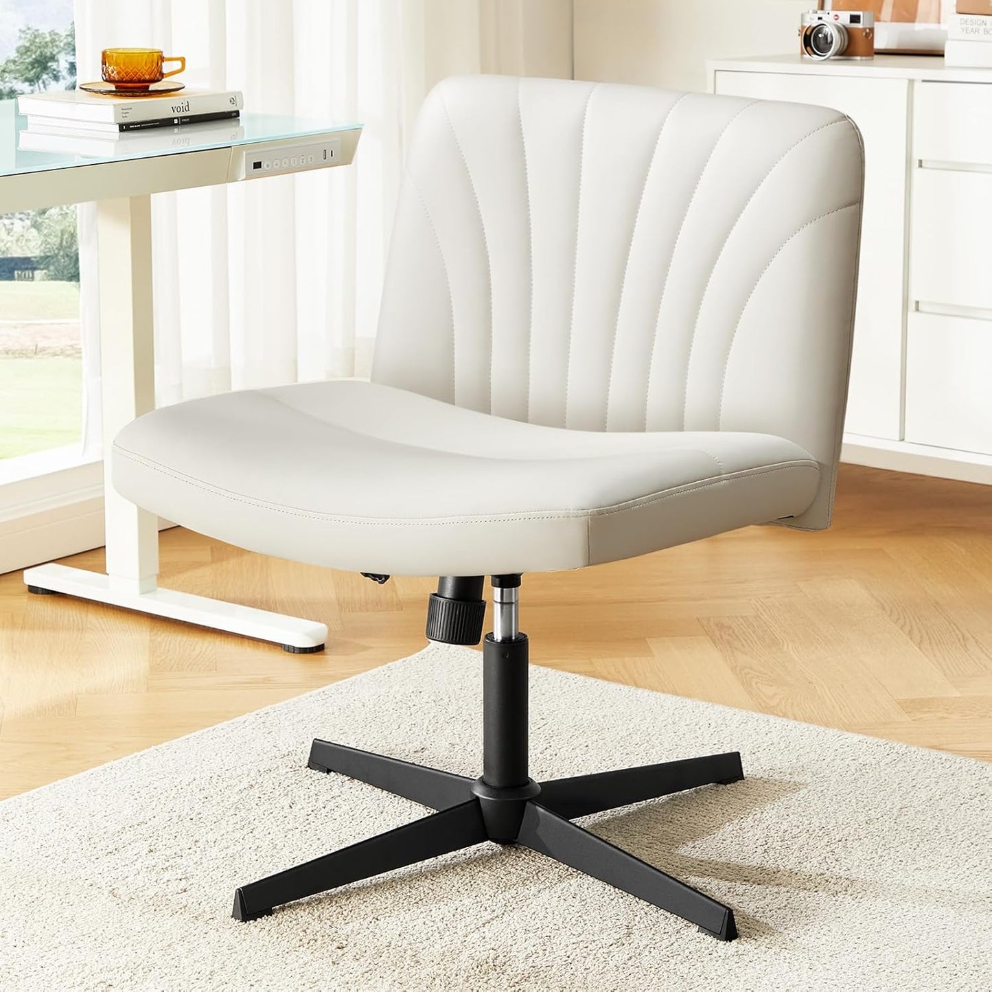 Marsail Criss Cross Chair with Wheels: PU Leather Cross Legged Office Chair Wide Armless Desk Chair Swivel Height Adjustable Vanity Chair for Make Up,Small Space,Bed Room(Beige)